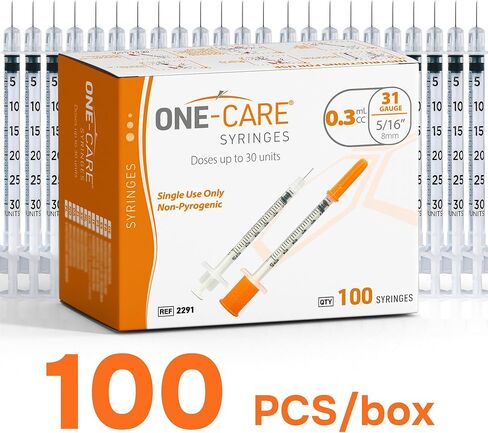 ONE-CARE Syringe 0.3 ml/cc, 31G x 5/16’’ (8mm), Individually Wrapped, Orange Cap, Box of 100 pcs in Kuwait