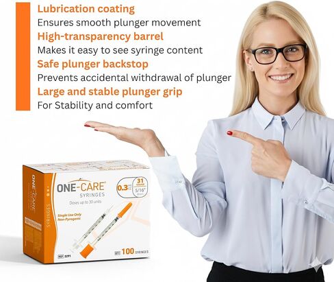 ONE-CARE Syringe 0.3 ml/cc, 31G x 5/16’’ (8mm), Individually Wrapped, Orange Cap, Box of 100 pcs in Kuwait