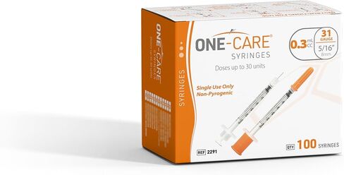 ONE-CARE Syringe 0.3 ml/cc, 31G x 5/16’’ (8mm), Individually Wrapped, Orange Cap, Box of 100 pcs in Kuwait
