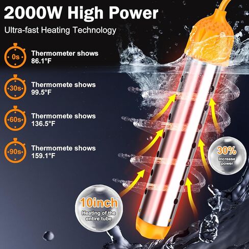 2000W Immersion Water Heater, High Power Bucket Heater with Auto Shut-Off & 304 Stainless Steel Guard, Rapid Heating Element with Digital Thermometer for Inflatable Pool, Bathtub & Home Cleaning in Kuwait