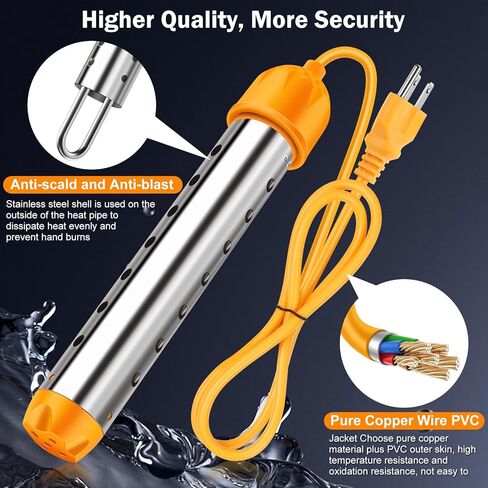 2000W Immersion Water Heater, High Power Bucket Heater with Auto Shut-Off & 304 Stainless Steel Guard, Rapid Heating Element with Digital Thermometer for Inflatable Pool, Bathtub & Home Cleaning in Kuwait