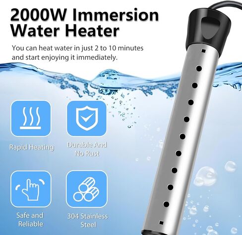 سخان مياه غاطس 2000 وات، سخان مياه كهربائي محمول مع 304 من الفولاذ المقاوم للصدأ، سخان تسخين سريع مع مقياس حرارة، مثالي للدلو وحوض الاستحمام وحمام السباحة الصغير والمنزل والمزارع والتخييم والاستخدام الخارجي in Kuwait