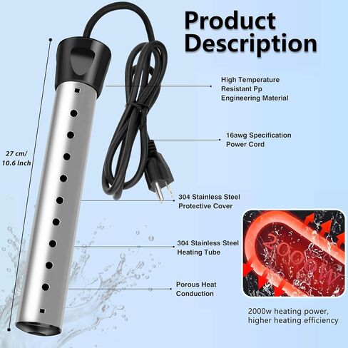 سخان مياه غاطس 2000 وات، سخان مياه كهربائي محمول مع 304 من الفولاذ المقاوم للصدأ، سخان تسخين سريع مع مقياس حرارة، مثالي للدلو وحوض الاستحمام وحمام السباحة الصغير والمنزل والمزارع والتخييم والاستخدام الخارجي in Kuwait