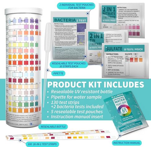 مجموعة اختبار مياه الشرب 22 في 1 مكونة من 130 شريطًا - حسنًا، الصنبور، المنزل، حمام السباحة، شريط اختبار حوض الاستحمام الساخن للفلورايد والرصاص والصلابة والكلور والحديد والنحاس والمزيد in Kuwait