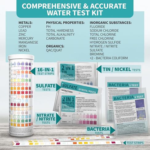 مجموعة اختبار مياه الشرب 22 في 1 مكونة من 130 شريطًا - حسنًا، الصنبور، المنزل، حمام السباحة، شريط اختبار حوض الاستحمام الساخن للفلورايد والرصاص والصلابة والكلور والحديد والنحاس والمزيد in Kuwait