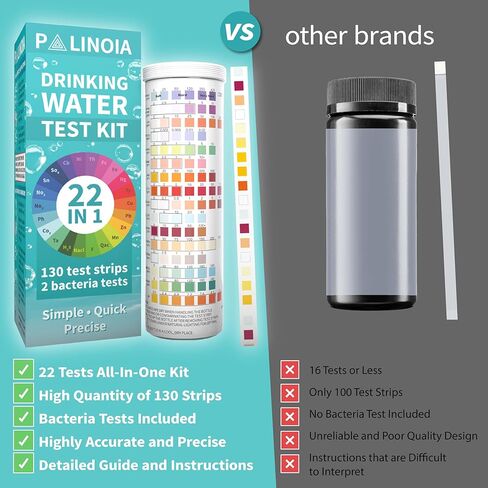 مجموعة اختبار مياه الشرب 22 في 1 مكونة من 130 شريطًا - حسنًا، الصنبور، المنزل، حمام السباحة، شريط اختبار حوض الاستحمام الساخن للفلورايد والرصاص والصلابة والكلور والحديد والنحاس والمزيد in Kuwait