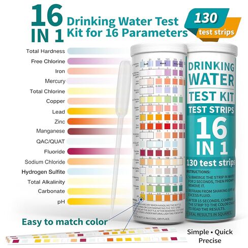 مجموعة اختبار مياه الشرب 22 في 1 مكونة من 130 شريطًا - حسنًا، الصنبور، المنزل، حمام السباحة، شريط اختبار حوض الاستحمام الساخن للفلورايد والرصاص والصلابة والكلور والحديد والنحاس والمزيد in Kuwait