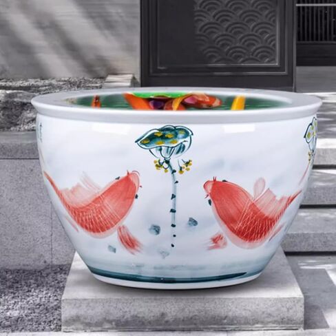 Small Fish Tank Hand-Painted Ceramic Fish Tank Water Tank Balcony Water Lily Lotus Tank Outdoor Garden Decoration Fish Tank Courtyard Fish Tank Kit(41cm) in Saudi Arabia