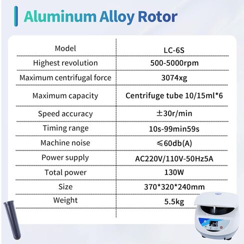 Benchtop Centrifuge, 500-5000 r/min Digital Lab Centrifuge with LCD Display and Timer, Max 3074 xg, 6 x 15ml Rotor for Laboratory Clinic PRP Processing in Kuwait