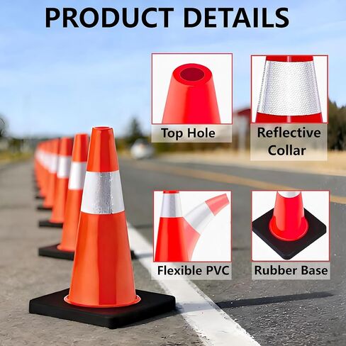 6 Pack Traffic Cones, 18 Inch Orange Safety Cones with Heavy Duty Base & Reflective Collars, High Flexible PVC for Road, Parking, Construction & Sports Training in Saudi Arabia