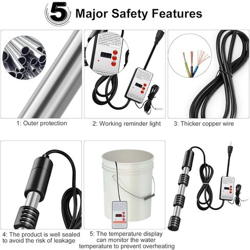 سخان مياه غاطس 1500 واط مع مؤقت رقمي وثرموستات، سخان غاطس محمول 304SS للدلو، حوض الاستحمام، حمام السباحة، التخييم، الإغلاق التلقائي، شاشة LCD، حماية من الحرارة الزائدة in Kuwait