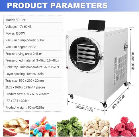 US In Stock LABFENG -60℃ Freeze Dryer for Home & Commercial Use, 4 Large Stainless Steel Trays, 0.46㎡ Drying Area, Fast Efficient Drying for Meat, Fruits, Pet Food in Kuwait