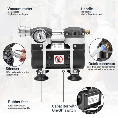 Vacuum Pump 50 L/Min, Oilless Pump with Upgraded Capacitor, Vacuum Meter, Aluminum Silencer, 4 Quick Connectors, for Lab Electronics Industry in Kuwait
