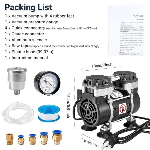 Vacuum Pump 50 L/Min, Oilless Pump with Upgraded Capacitor, Vacuum Meter, Aluminum Silencer, 4 Quick Connectors, for Lab Electronics Industry in Kuwait