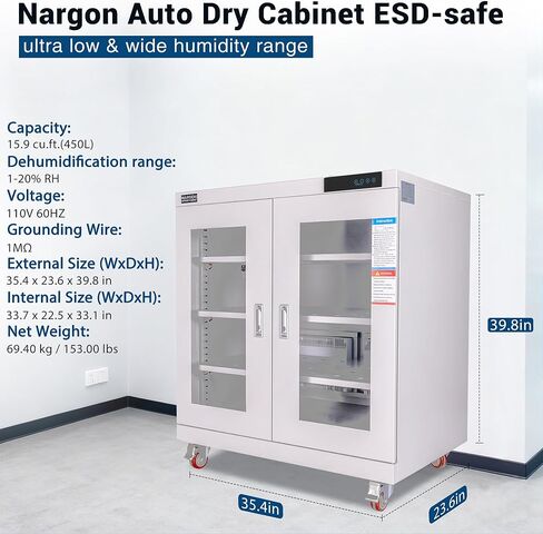 خزانة NARGON 1-20% RH 450L الإلكترونية الجافة، خزانة تجفيف ESD لتخزين العدسات البصرية، مجموعات РСВ، الرقاقة، المكونات الإلكترونية، أشباه الموصلات، المواد الكيميائية المخبرية، الموديل NMC452C in Kuwait