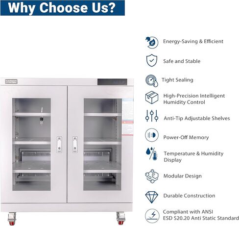 خزانة NARGON 1-20% RH 450L الإلكترونية الجافة، خزانة تجفيف ESD لتخزين العدسات البصرية، مجموعات РСВ، الرقاقة، المكونات الإلكترونية، أشباه الموصلات، المواد الكيميائية المخبرية، الموديل NMC452C in Kuwait