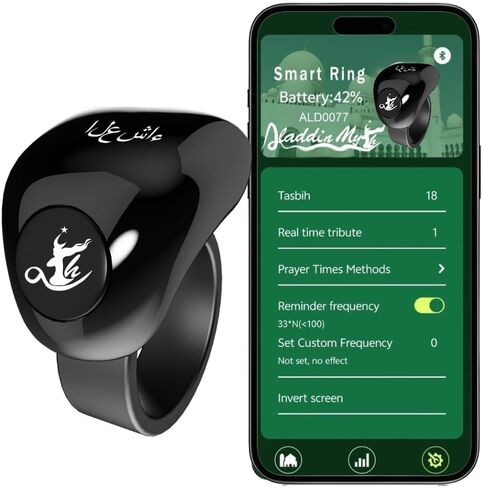 أزياء Tasbih Smart Ring ، عدادات Tasbeeh ، دليل مؤشر اتجاه الصلاة ، 5 آزان إنذار ، المغفرة ، المسبحة الإلكترونية ، عيد الفطر عيد الرمادية هدية للرجال ، Ring Ring Conn 18+20mm in Kuwait