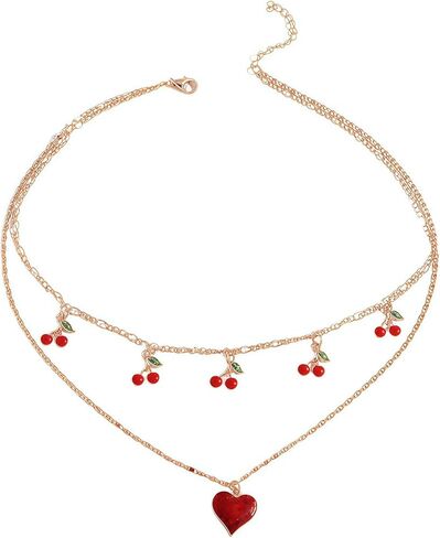 WETMT Cherry Necklace for Women Cherry Heart Pedant Necklace Layered Gold Choker Cherry Necklace Boho Fruit Cherry Necklace for Birthday Party Jewelry in Kuwait