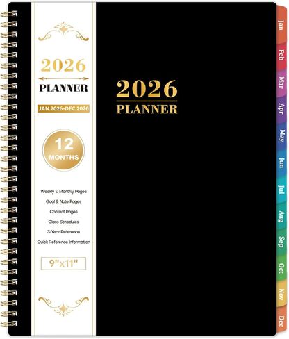 2025-2026 Academic Planner - Academic Planner 2025-2026, Jul.2025 - Jun.2026, 9"x11", Weekly and Monthly Planner with Colorful Sticky Tabs + Class Schedules + Contacts + Twin-Wire Binding - Black in Saudi Arabia