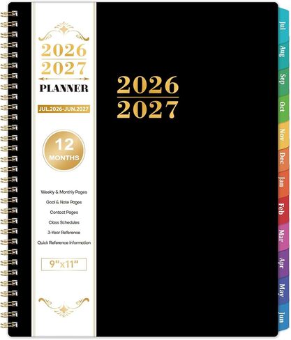 2025-2026 Academic Planner - Academic Planner 2025-2026, Jul.2025 - Jun.2026, 9"x11", Weekly and Monthly Planner with Colorful Sticky Tabs + Class Schedules + Contacts + Twin-Wire Binding - Black in Saudi Arabia