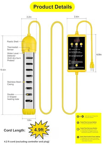 1800W Submersible Water Heater with Anti-Dry-Burn & Auto Shut-Off, Portable Immersion Heater with Timer and Temperature Control - for Bathtubs, Inflatable Pools, Camping Buckets (120V) in Kuwait