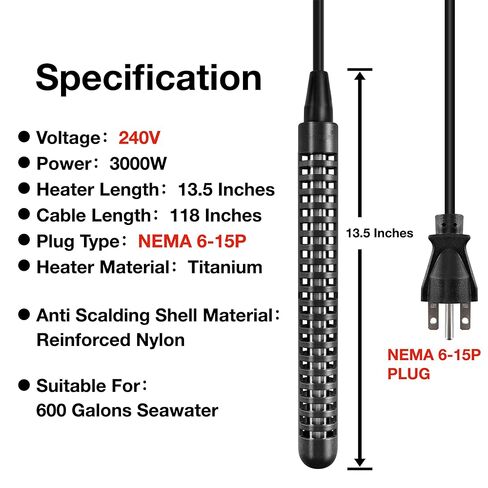 GRILLME 240V 3000W حوض استحمام غمر من التيتانيوم وسخان مياه حمام السباحة، قابس NEMA 6-15P، سخان كهربائي محمول غاطس بالكامل، سخان حمام سباحة 200 جالون، تربية الأحياء المائية بمياه البحر in Kuwait