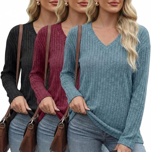 3 قطعة سترة المرأة الخامس الرقبة الخريف قمصان طويلة الأكمام خفيفة الوزن سترة سترة الخريف البلوزات للنساء 2025 in Kuwait