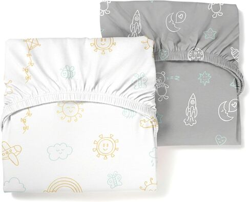 Guava Lotus Travel Crib Sheets (Set of 2) - 100% Organic Cotton Crib Sheets, Baby and Toddler, Fitted Crib Sheets, for Boys & Girls (for The New 4 TAB Mattress ONLY) (Day and Night) in Kuwait