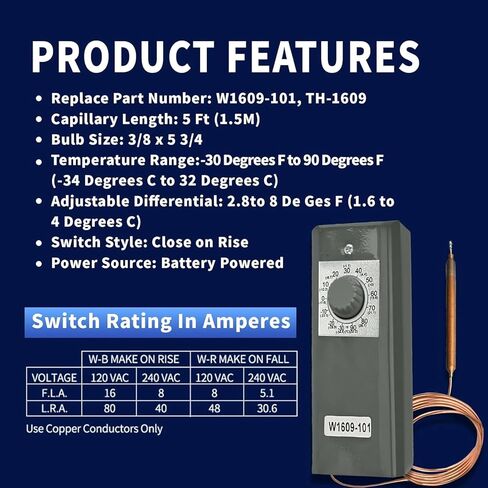 جهاز تحكم في درجة الحرارة عن بعد - 30 درجة فهرنهايت إلى 90 درجة فهرنهايت (-34 درجة مئوية إلى 32 درجة مئوية) ترموستات ميكانيكي مع لمبة شعرية عن بعد بطول 5 أقدام، التحكم في درجة الحرارة للمجمدات والمبردات، W1609-101 in Kuwait