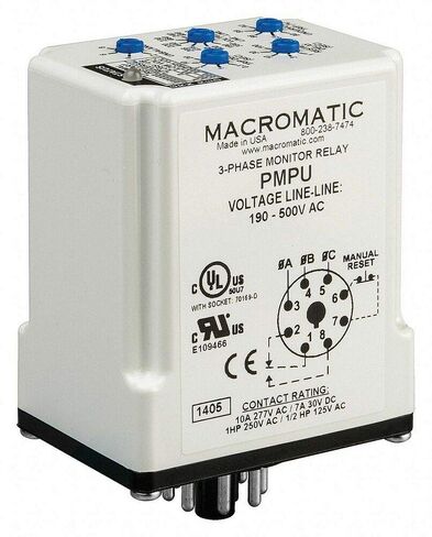Macromatic Phase Monitor Relay, 190 to 500VAC, 10A @ 277V, 7A @ 30V, 8 Pins, PMPU in Kuwait