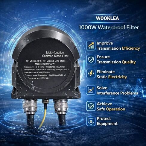 مرشح الوضع المشترك 3 في 1 للموجات القصيرة بقدرة 1000 وات، خنق التردد اللاسلكي المقاوم للماء بتردد 1.8-54 ميجا هرتز، حلقة مغناطيسية لملف الاختناق بتوهين 50 ديسيبل، مقاومة 50 أوم، فقدان إدخال 0.3 ديسيبل، SWR <1.2 للاستخدام الخارجي لراديو الهواة in Kuwait