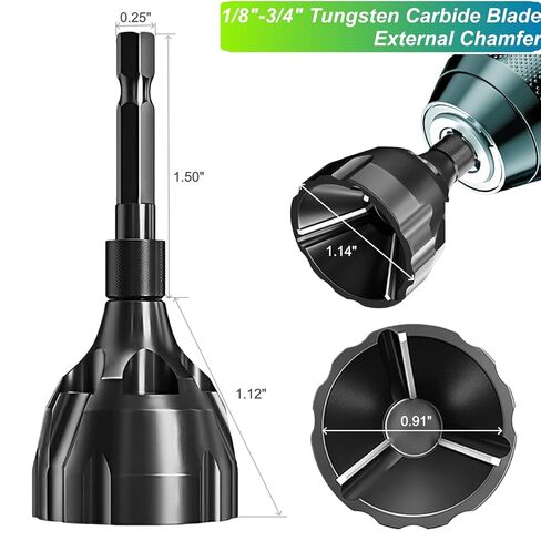 2PCS Tungsten YG8 Carbide Chamfer Set, Professional External Burr Removal Deburring Drill Bit, Fits for 1/8"-3/4" Solid & 3/16"-1" with Chip Discharge Notch, Quick-Release 1/4" Hex Shank in Kuwait