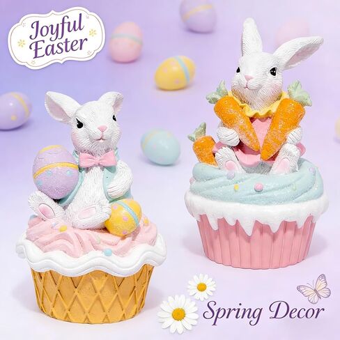 Hodao Easter Bunny Cupcake Figurines – Set of 2 Resin Bunny Easter Decorations with Carrots and Eggs – Cute Spring Tabletop Decor for Easter Celebration, Home, Office, Gifts (Set of 2 Cup White) in Kuwait