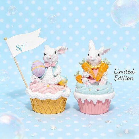 Hodao Easter Bunny Cupcake Figurines – Set of 2 Resin Bunny Easter Decorations with Carrots and Eggs – Cute Spring Tabletop Decor for Easter Celebration, Home, Office, Gifts (Set of 2 Cup White) in Kuwait