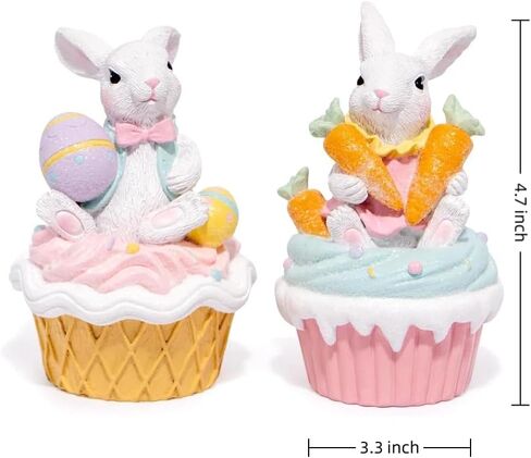 Hodao Easter Bunny Cupcake Figurines – Set of 2 Resin Bunny Easter Decorations with Carrots and Eggs – Cute Spring Tabletop Decor for Easter Celebration, Home, Office, Gifts (Set of 2 Cup White) in Kuwait