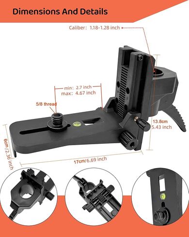 مشبك تثبيت مع خيط ذكر 1/4 بوصة - 20 ومحول 5/8 بوصة - 11، مشبك عمود مستوى ليزر قابل للتعديل مع مستوى الفقاعات لليزر الدوار والخط، دعامة شديدة التحمل لأعمدة التلسكوب in Kuwait