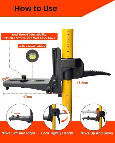 مشبك تثبيت مع خيط ذكر 1/4 بوصة - 20 ومحول 5/8 بوصة - 11، مشبك عمود مستوى ليزر قابل للتعديل مع مستوى الفقاعات لليزر الدوار والخط، دعامة شديدة التحمل لأعمدة التلسكوب in Kuwait