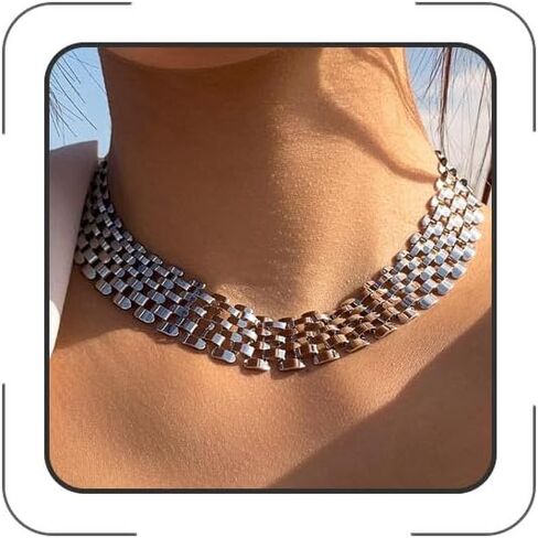 Gold Dainty Choker Necklaces for Women Mesh Chain Necklace Chunky Hollow Out Chain Necklace Adjustable Wide Mesh Chain Necklace Fashion Party Costume Jewelry in Kuwait