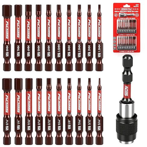 21-Piece 2.5" Hex Head Allen Wrench Drill Bit Set, 1/4" Hex Screwdriver Bits Set with Durable Magnetic Impact Bit Holder, SAE & Metric Allen Key, S2 Steel, Mechanic Home Repair in Kuwait