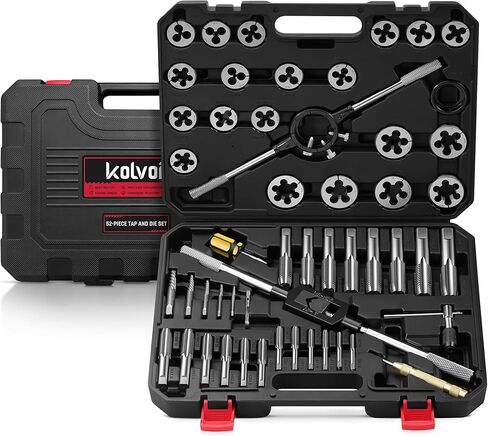 Kolvoii 52-Piece Large Metric Tap and Die Set, M6 to M24 Coarse and Fine Threads, Heavy-Duty GCr15 Steel Thread Repair & Rethreading Tool Kit for Internal & External Threads in Kuwait