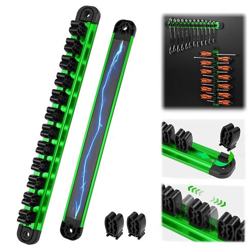 Magnetic Screwdriver Organizer and Wrench Organizer, 14-Slot Screwdriver and Wrench Holder, Magnetic Aluminum Rail Tool Organizer for Tool Box Drawer Wall-Mount Storage, Green (Tools not Included) in Saudi Arabia