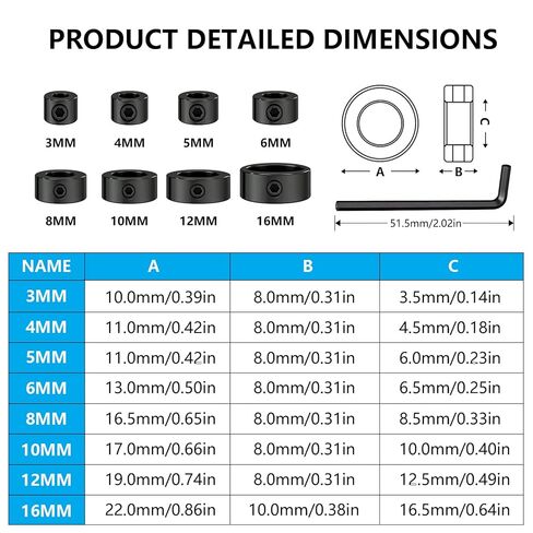 8 Pcs Drill Bit Depth Stop Collar Set, Adjustable Drill Stop Ring with Hex Wrench, 1/8 to 5/8 Inch Silver Steel Depth Limiter, Woodworking Positioner Kit for Precise Drilling Control in Saudi Arabia