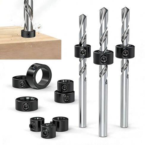 8 Pcs Drill Bit Depth Stop Collar Set, Adjustable Drill Stop Ring with Hex Wrench, 1/8 to 5/8 Inch Silver Steel Depth Limiter, Woodworking Positioner Kit for Precise Drilling Control in Saudi Arabia