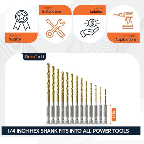 13-Piece Titanium-Coated HSS Twist Drill Bit Set – 1.5-6.5mm, 1/4" Hex Shank, High-Speed Steel for Wood, Plastic, and Metal – Precision Power Tool Accessories in Kuwait