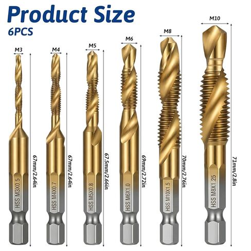 6 Pcs Combination Tap and Drill Bit Set Combination Drills Tap Bit Set Thread Taps Drill Bits Sets Multi Use Countersink Hex Bits Sets M3 M4 M5 M6 M8 M10 in Saudi Arabia