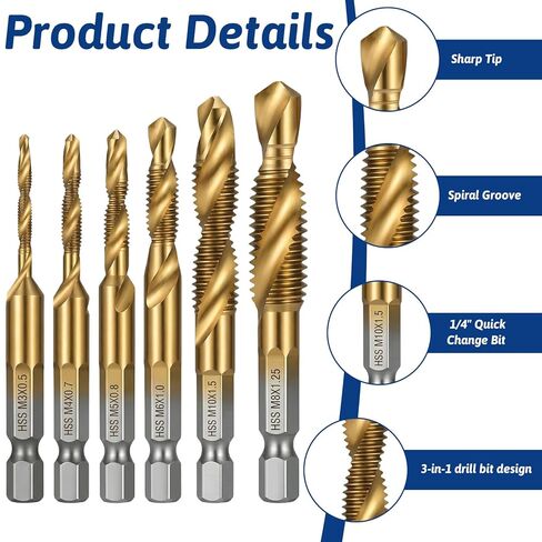6 Pcs Combination Tap and Drill Bit Set Combination Drills Tap Bit Set Thread Taps Drill Bits Sets Multi Use Countersink Hex Bits Sets M3 M4 M5 M6 M8 M10 in Saudi Arabia