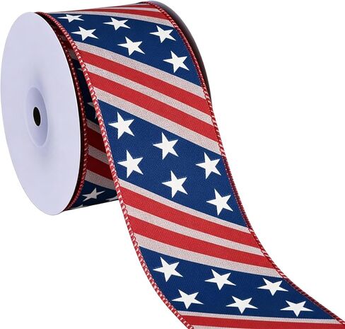 10 Yards Patriotic Wired Ribbon 2.5 Inch Red White Blue Stars & Stripes Flag Ribbon for 4th of July Crafts, Firework Party Decor, Memorial Day Wreaths, Patriotic DIY & Independence Day Parades in Saudi Arabia