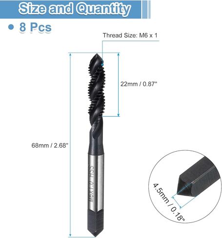 uxcell 8pcs Spiral Flute Thread Taps M6 x 1 H2 Metric Machine Threading Tap Bit, Nitrided Coated Screw Tapping Repair Tool, M2 High-Speed Steel (HSS6542) in Saudi Arabia