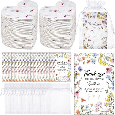 50 Sets Wedding Gifts for Guests Heart Shaped Seed Paper Baby Shower Seed Packet Party Favor Plantable Wildflower Paper Recycled Thank You Cards and Organza Bags for Bridal Shower Party Favors in Saudi Arabia
