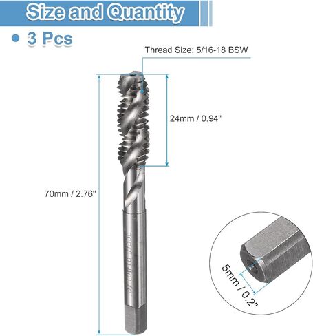 uxcell 3pcs Spiral Flute Thread Taps 5/16-18 BSW H2 Machine Threading Tap Bit, Uncoated Screw Tapping Repair Tool, M35 Cobalt High-Speed Steel (M35 HSS-CO) in Saudi Arabia